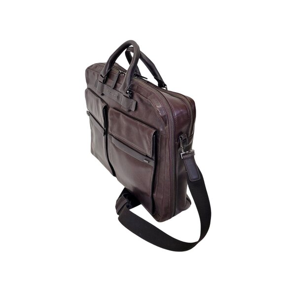 Piquadro Dark Brown Leather Business Bag With Adjustable Strap Multiple Pockets - Picture 4 of 8